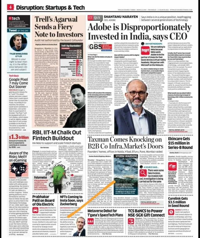 Economic Times clipping about metaverse and startups